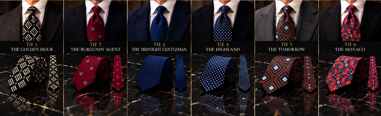 Six Spy Tie London designs photographed on polished black marble
